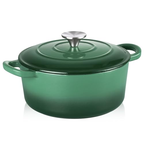 TeamFar Schmortopf aus emailliertem Gusseisen – 3QT kleiner Dutch Oven Topf mit Deckel – robuster Gusseisentopf Kochgeschirr zum Brotbacken, Schmoren, Schmoren, Braten, Basilikumgrün von TEAMFAR
