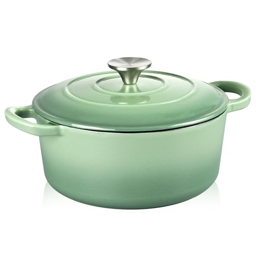 TeamFar Schmortopf aus emailliertem Gusseisen – 3QT kleiner Dutch Oven Topf mit Deckel – robuster Gusseisentopf Kochgeschirr zum Brotbacken, Schmoren, Schmoren, Braten, Pistaziengrün von TEAMFAR