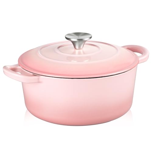 TeamFar Schmortopf aus emailliertem Gusseisen – 3QT kleiner Dutch Oven Topf mit Deckel – robuster Gusseisentopf Kochgeschirr zum Brotbacken, Schmoren, Schmoren, Braten, Rosa von TEAMFAR