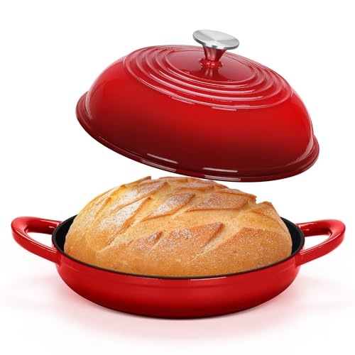 TeamFar Schmortopf aus emailliertem Gusseisen mit Deckel, 6 Quart Dutch Oven Topf zum Backen von Sauerteigbrot, 25,4 cm Brotpfanne, selbstbrennender Kuppeldeckel und flacher Boden, robust und von TEAMFAR
