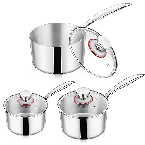 TeamFar Stieltopf Set, 1+2+3 QT Edelstahl Dreilagig Stielkasserolle Kleiner Kochtopf mit Deckel, für Induktion, Gas, Elektro, Keramik, gesund & strapazierfähig, ergonomischer Griff & spülmaschinenfest von TEAMFAR