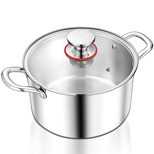 TeamFar Suppentopf, 3,5 l, dreilagiger Edelstahl-Pasta-Kochtopf mit Deckel, Deckel aus gehärtetem Glas und doppelseitig genieteten Griffen, ungiftig und gesund, robust und spülmaschinenfest von TEAMFAR