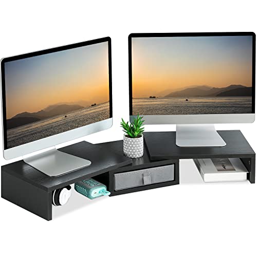 TEAMIX Dual-Monitor-Ständer mit Schublade – Länge und Winkel verstellbar, Doppel-Monitorerhöhung, Eck-Schreibtisch-Regal, Organizer, 94 cm lang, Monitorerhöhung für 2 Monitore/Laptop/PC/Bildschirm/TV von TEAMIX