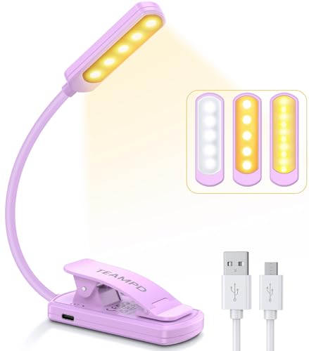 Leselampe Buch Klemme, TEAMPD Buchlampe mit 10 LEDs, 3 Farbtemperatur Modi Dimmbare Helligkeit, Augenschutz Klemmlampe, USB Wiederaufladbare Klemmleuchte, 360° Flexibel für Nachtlesen ins Bett, Reisen von TEAMPD