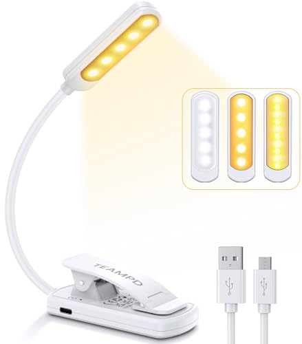 Leselampe Buch Klemme, TEAMPD Buchlampe mit 10 LEDs, 3 Farbtemperatur Modi Dimmbare Helligkeit, Augenschutz Klemmlampe, USB Wiederaufladbare Klemmleuchte, 360° Flexibel für Nachtlesen ins Bett, Reisen von TEAMPD
