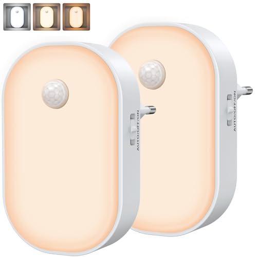 TEAMPD Nachtlicht Steckdose mit Bewegungsmelder, 2 Stück, Kinder mit Dämmerungssensor, Stufenlos Dimmbare WarmWeiß, 3 Modi LED Nachtlampe für Schlafzimmer,Treppenhaus, Flur, Küche von TEAMPD