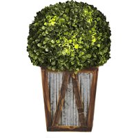 Gartendekoration, Solarlicht, Vorbeleuchteter Automatischer Künstlicher Runder Topiary-Strauchbusch mit Bauernhaus-Holz-Blumentopf - Teamson Home von TEAMSON HOME