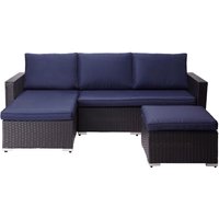 Terrasse Gartenmöbel, 3-Teiliges Rattan Weide Schnitt Set mit 2er-Sofa, Chaiselongue, Tisch und Kissen, Braun/Blau - Teamson Home von TEAMSON HOME