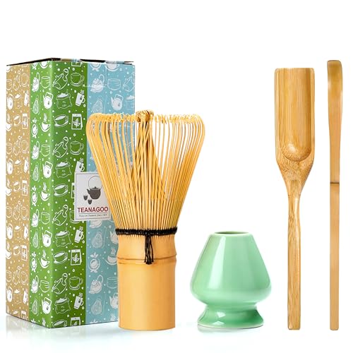 TEANAGOO Matcha Set| MatchaBesen| matcha zubehör,Matcha Schneebesen (Chasen), Bambusschaufel (Chashaku), Teelöffel, Grüner Celadon Schneebesenhalter,TG-I1, Das perfekte Set für die Zubereitung einer von TEANAGOO
