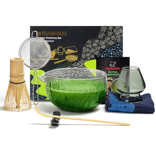 TEANAGOO Japanese Matcha Whisk (7pcs) Matcha Set Mtacha Kit Matcha Bowl with Pouring Spout Bamboo Matcha Whisk (chasen) Scoop (chashaku) Whisk Holder. N22,Dunkelgraues Glas, Matcha Grünteepulver von TEANAGOO