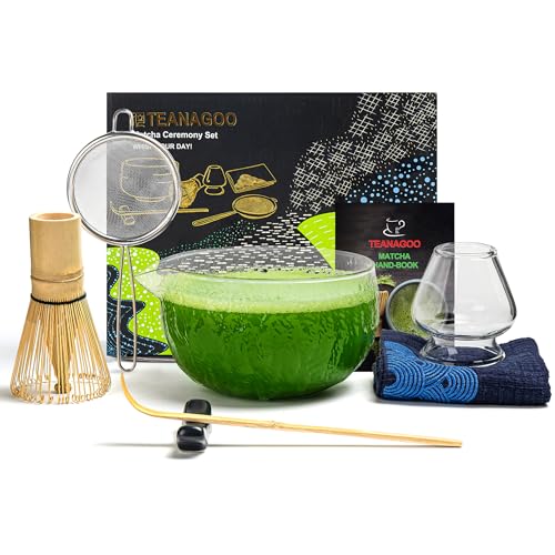 TEANAGOO Japanese Matcha Whisk (7pcs) Matcha Set Mtacha Kit Matcha Bowl with Pouring Spout Bamboo Matcha Whisk (chasen) Scoop (chashaku) Matcha Whisk Holder. N21, Klarglas, Matcha Grünteepulver... von TEANAGOO