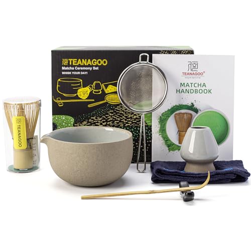 TEANAGOO Matcha Set | Matcha Tee Set | Matcha Schale | Matcha Besen set | Matcha kit | Matcha Schüssel mit Ausgießer Bambus Matcha Whisk-7 Stück Matcha Starter Sets,N2, Dunkleres Grau von TEANAGOO