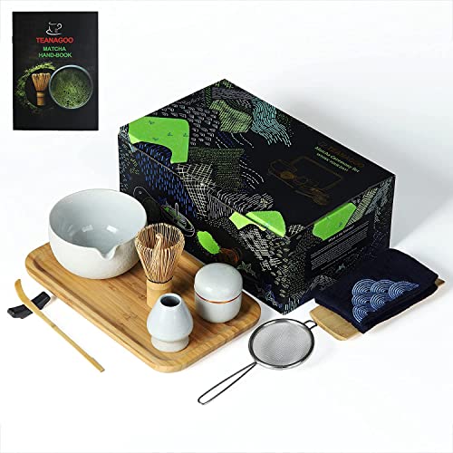 TEANAGOO Japanisches Tee-Set mit Tablett aus Bambus, Matcha-Schüssel mit Ausgießer, Bambus-Matcha-Schneebesen (Chasen), Schaufel (Chashaku), Schneebesenhalter, Teepulverdose. O3, Hellgrau,… von TEANAGOO