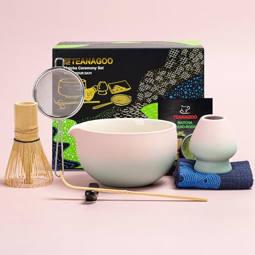 TEANAGOO Japanisches Teeservice (7-teilig) Matcha-Schneebesen-Set, Matcha-Schüssel mit Ausgießer, Bambus-Matcha-Schneebesen (Chasen), Schaufel (Chashaku), Matcha-Schneebesen-Halter, von TEANAGOO