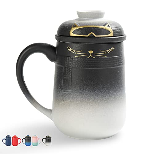 TEANAGOO teetasse mit sieb und deckel, 460 ML, Farbverlauf von Schwarz nach Weiß, Katzen und Tee, großes japanisches Keramikbecher-Set, Teebecher mit Deckel,Töpferwaren-Becher mit Deckel von TEANAGOO
