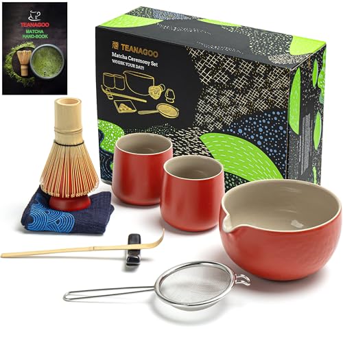 TEANAGOO Matcha Set Matcha Schneebesen Matcha Schale mit Ausgießer Schaufel Matcha Schneebesen Halter Teezubereitungsset. 1 Japanische Tee-Set (7pcs) + 2Cups(7.2oz),S19,Rot,Farbe Box von TEANAGOO