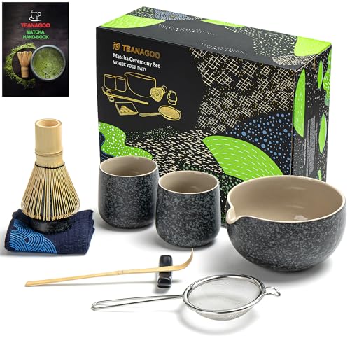 TEANAGOO Keramik, Matcha Set Schneebesen Schale mit Ausgießer Schöpfkelle Schneebesen Halter Teezubereitungsset. 1 Japanische Tee-Set (7pcs) + 2Cups(7.2oz),S1,Charcoal Grey, schwarz/Grau von TEANAGOO
