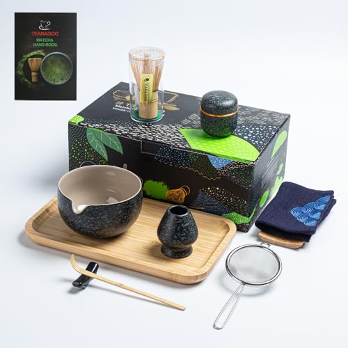 TEANAGOO Matcha Tee Set mit Tablett, Japanisches Tee Set Matcha Schale Matcha Bambus Schneebesen Schöpfkelle Matcha Schneebesen Halter Matcha Schneebesen Matcha Schneebesen,O1, Charcoal Grey von TEANAGOO