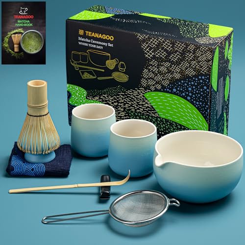 TEANAGOO Matcha Whisk Set Matcha Bowl mit Spout Bambus Matcha Whisk Scoop Matcha Whisk Holding Tee Making Kit. 1 Japanische Tee -Set (7pcs) +2 Tassen (7,2 Unzen), S31, Farbverlauf Blau von TEANAGOO