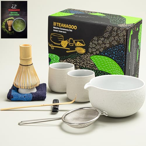 TEANAGOO Matcha Whisk Set Matcha Bowl mit gegossenem Spout Bambus Matcha Whisk Scoop Matcha Whisk Holding Tee Making Kit. 1 Japanische Tee -Set (7pcs) +2 Tassen (7,2 Unzen), S3, Lt.Grey von TEANAGOO