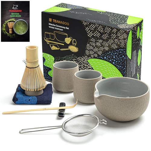 TEANAGOO Matcha Whisk Set Matcha Bowl mit gegossenem Spout Bambus Matcha Whisk Scoop Matcha Whisk Holding Tee Making Kit. 1 japanischer Tee -Set (7pcs) + 2 Cups (7,2oz), S2, dunkleres Grau von TEANAGOO