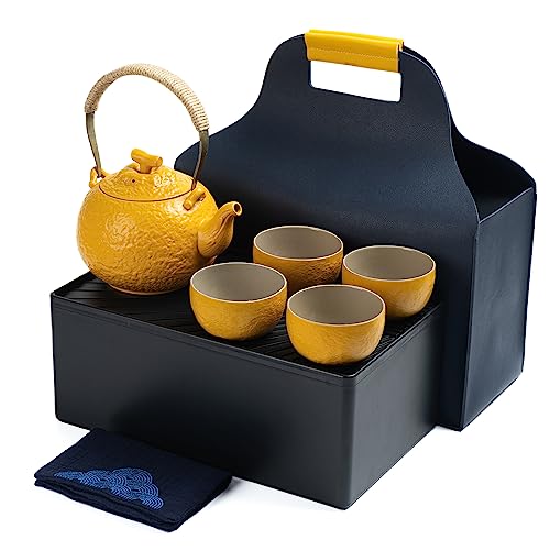 TEANAGOO Teekanne Tragbares japanisches Teeset für Frauen, orangefarbenes Reise-Keramik-Teeset, 1 Teekanne (700ml/25oz) + 4 Teetassen (110ml/4oz), U4, Teeschale mit Abflussrohr, Teekanne Siebeinsatz von TEANAGOO