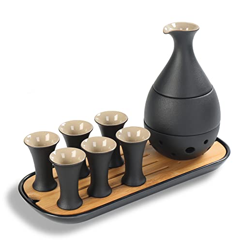 TEANAGOO Japanisches Traditionell, Sake Karaffe (170 ml) mit 6 Sake Becher (25 ml) für heißen oder kalten japanischen Soju-Likör mit Servier-Bambus-Tablett Geschenksets 10Stk/Set.… von TEANAGOO