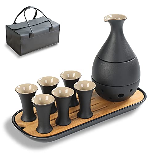 TEANAGOO Sake Set Japanisches Traditionell, Sake ReisweinSake, Karaffe (170 ml) mit 6 Sake Becher (25 ml) für heißen oder kalten japanischen Soju mit Servier Bambus Tablett Geschenksets 10 Stück/Set von TEANAGOO