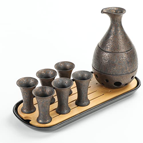 TEANAGOO Japanisches Traditionell, Sake Karaffe (170 ml) mit 6 Sake Becher (25 m) für heiße oder kalte Soju Sake Reiswein mit Servieren von Bambo Tablett-Geschenksets 10pcs/Set, T4, reguläres Krafbox von TEANAGOO