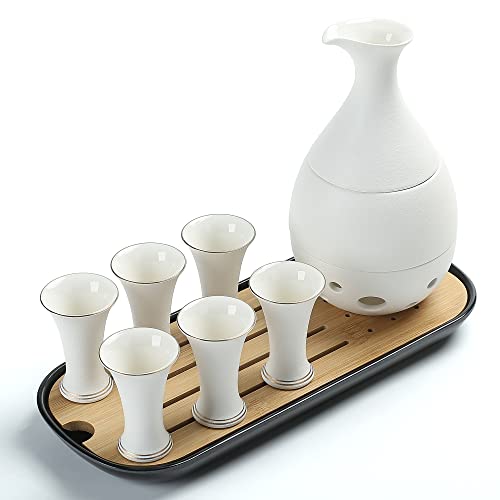 Teanagoo japanisches Sake -Set, Sake Carafe (170 ml) mit 6 Sake Cups (25 m) für heiße oder kalte Soju Alkohol mit Servieren von Bambo -Tablett -Geschenksets 10pcs/Set, T6, reguläres Krafbox von TEANAGOO