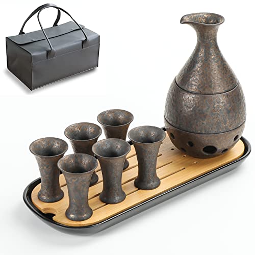 TEANAGOO Japanisches Traditionell, Sake Karaffe (170 ml) mit 6 Sake Becher (25 m) für heiße oder kalte japanische Soju Sake Reiswein mit Servieren von Bambo Tablett Geschenksets 10pcs/Set, Saki Set von TEANAGOO