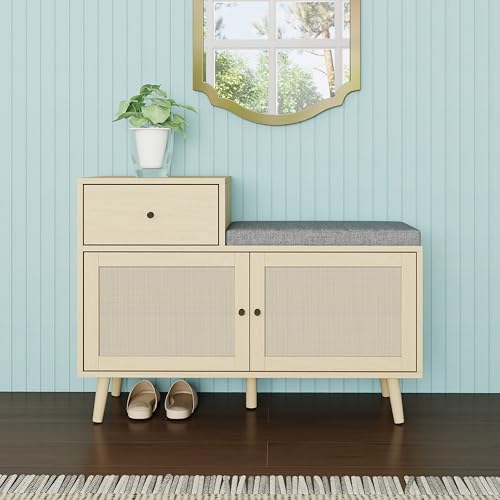 TEBERTFTS Schuhbank im Boho-Stil in Naturholzoptik – mit Rattangeflecht-Doppeltüren, Schublade und gepolsterter Sitzfläche – ideal für Flur, Eingangsbereich oder Korridor.Maße(90 * 35 * 65cm) von TEBERTFTS