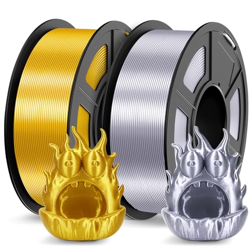 TECBEARS PLA Silk Filament 1.75mm 2KG, Shiny Silk PLA 3D Drucker Filament, mit Seidenglattes Finish, Gute Farbwiedergabe, Maßgenauigkeit +/- 0.02, 2 Spulen, 1kg pro Spule Silk PLA Gold+Silber von TECBEARS