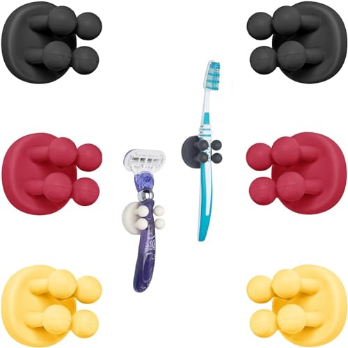 TECBULL® Funny Hooks Zahnbürstenhalter, Rasierer Halter Dusche, Rasierer Halterung ohne Bohren, Zahnbürstenhalterung selbstklebend (6xBunt-DE6+6xErsatzklebepad) von TECBULL