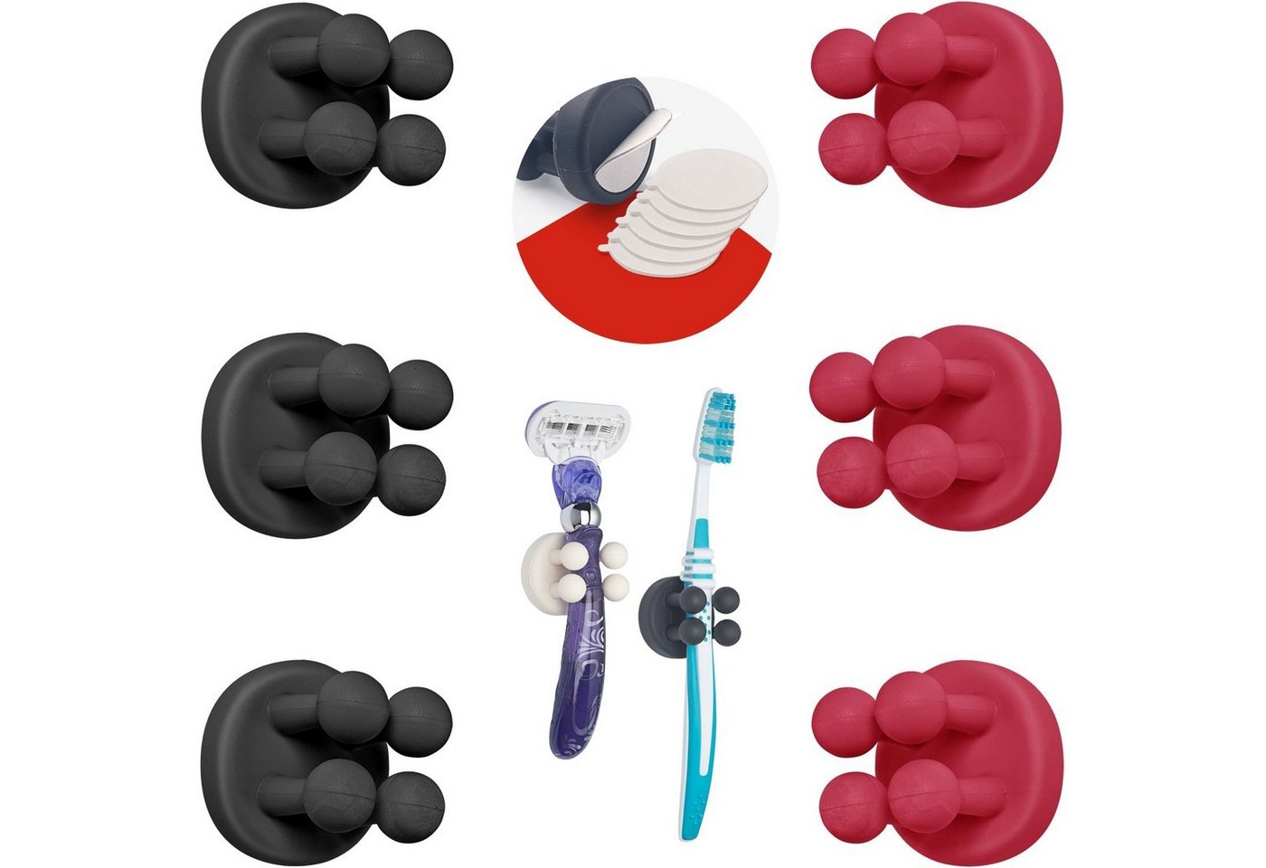 TECBULL Zahnbürstenhalter FUNNY HOOKS" mit Ersatzklebepads, Zahnbürsten Halter, Rasierhalter, (6-St), Rasierhalter Dusche, Rasier Ständer, Rasierer Halter Bad" von TECBULL