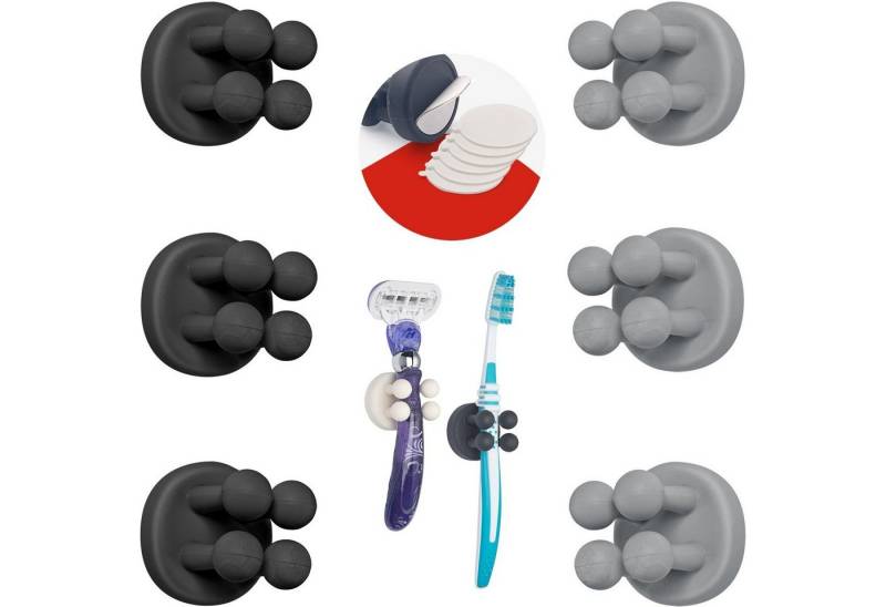 TECBULL Zahnbürstenhalter FUNNY HOOKS" mit Ersatzklebepads, Zahnbürsten Halter, Rasierhalter, (6-St), Rasierhalter Dusche, Rasier Ständer, Rasierer Halter Bad" von TECBULL