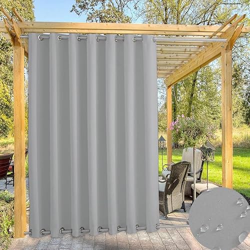 TECDOTO Wasserdichter Outdoor-Vorhang für Garten Terrassen Pavillon Vorhänge, Thermisch Isoliert Verdunkelungsvorhänge mit Öse (Oben und Unten), Sonnenschutzvorhänge |1 Panel-Hellgrau-B305cm xH183cm von TECDOTO