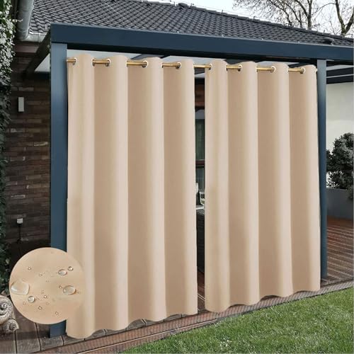 Wetterfeste wasserdichte Outdoor Vorhänge für die Terrasse, Verdunkelungsvorhänge für Drinnen und Draußen, Sonnenschutzvorhänge für Draußen mit Ösen, 1 Vorhang, Dunkelbeige, B305cm xH213cm von TECDOTO