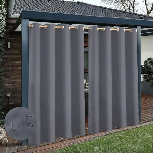 Wetterfeste wasserdichte Outdoor Vorhänge für die Terrasse, Verdunkelungsvorhänge für Drinnen und Draußen, Sonnenschutzvorhänge für Draußen mit Ösen, 1 Vorhang, Dunkelgrau, B254cm xH132cm von TECDOTO