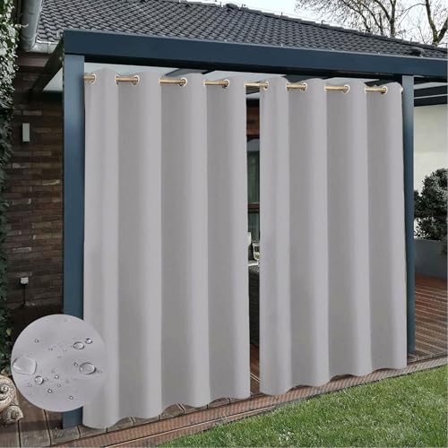 Wetterfeste wasserdichte Outdoor Vorhänge für die Terrasse, Verdunkelungsvorhänge für Drinnen und Draußen, Sonnenschutzvorhänge für Draußen mit Ösen, 1 Vorhang, Hellgrau, B213cm xH132cm von TECDOTO