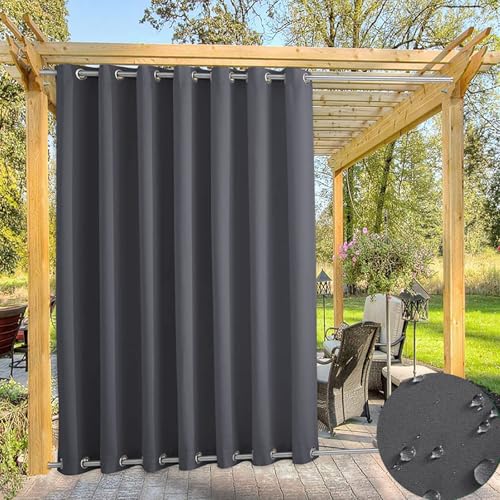 TECDOTO Wasserdichter Outdoor Vorhänge für Garten Terrassen Pavillon Vorhang, Thermisch Isoliert Verdunkelungsvorhänge mit Öse Oben und Unten, Sonnenschutzvorhänge |1 Panel-Dunkelgrau-B254cm xH132cm von TECDOTO