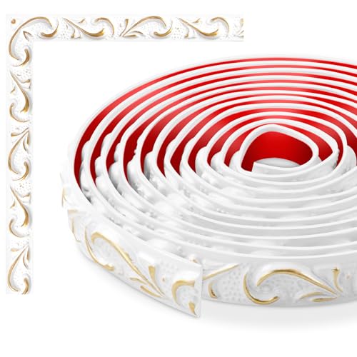 TECDW Flexible Wanddekorstreifen, selbstklebende Wanddekorstreifen, DIY zierleiste, wandleisten selbstklebend, Für Wand- und Heimdekoration (White with Gold-3) von TECDW