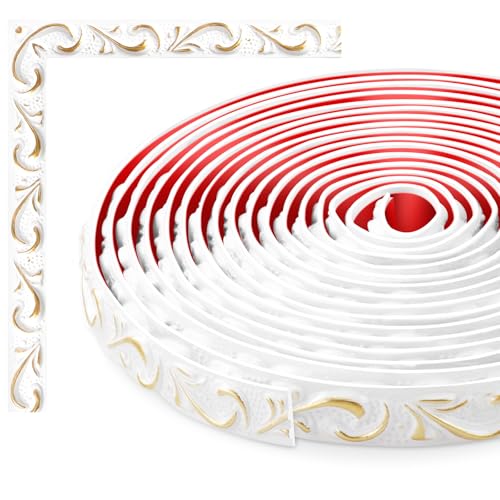 TECDW Flexible Wanddekorstreifen, selbstklebende Wanddekorstreifen, DIY zierleiste, wandleisten selbstklebend, Für Wand- und Heimdekoration (White with Gold-6) von TECDW