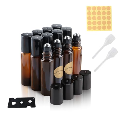 TECDW Roll On Glasflaschen für Ätherisches Öl, 12 Stück Braune Roll On Flasche Leer 10ml, Rollon Flaschen für öle mit Öffner Etiketten Pipetten für ätherische Öle, Lotionen, Parfums von TECDW