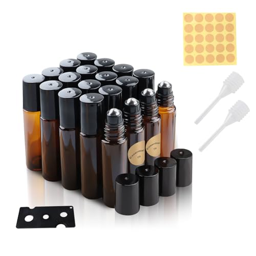 TECDW Roll On Glasflaschen für Ätherisches Öl, 20 Stück Braune Roll On Flasche Leer 10ml, Rollon Flaschen für öle mit Edelstahl-Roller,Öffner,Etiketten,Pipetten für ätherische Öle,Lotionen,Parfums von TECDW