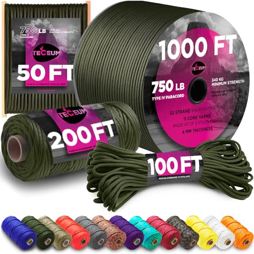 TECEUM Paracord 750lb Armeegrün (Army Green) – 15 m– 4 mm – Nylon – Robuste Taktische Fallschirmschnur nach MIL-SPEC – Survival-Seil für Notfälle – EDC, Camping, Wander Ausrüstun (50 ft) 010a von TECEUM