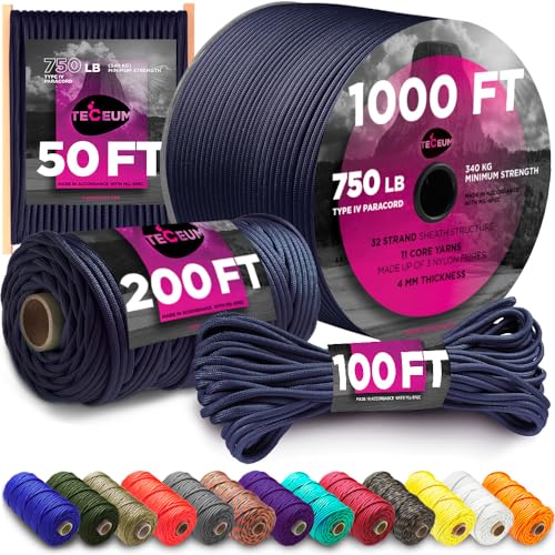 TECEUM Paracord 750lb Marineblau (Navy Blue) – 30 m– 4 mm – 100 % Nylon – Robuste Taktische Fallschirmschnur nach MIL-SPEC – Survival-Seil für Notfälle – EDC, Camping, Wander & Militär (100 ft) 038а von TECEUM
