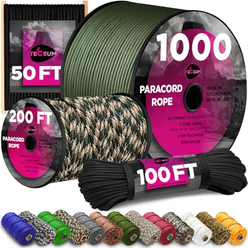 TECEUM Paracord 750lb Schwarz (Black) – 15 m– 4 mm – 100 % Nylon – Robuste taktische Fallschirmschnur nach MIL-SPEC – Survival-Seil für Notfälle – EDC, Camping, Wander & Militär-Ausrüstun (50 ft) 016a von TECEUM