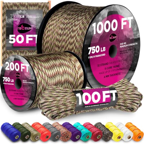 TECEUM Paracord 750lb Tarnfarbe (Camo) – 30 m– 4 mm – 100 % Nylon – Robuste Taktische Fallschirmschnur – MIL-SPEC – Survival-Seil für Notfälle – EDC, Camping, Wander & Militär-Ausrüstun (100 ft) 788a von TECEUM