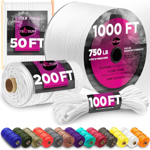 TECEUM Paracord 750lb Weiß (White) – 305 m– 4 mm – 100 % Nylon – Robuste taktische Fallschirmschnur nach MIL-SPEC – Survival-Seil für Notfälle – EDC, Camping, Wander & Militär-Ausrüstun (1000 ft) 007a von TECEUM